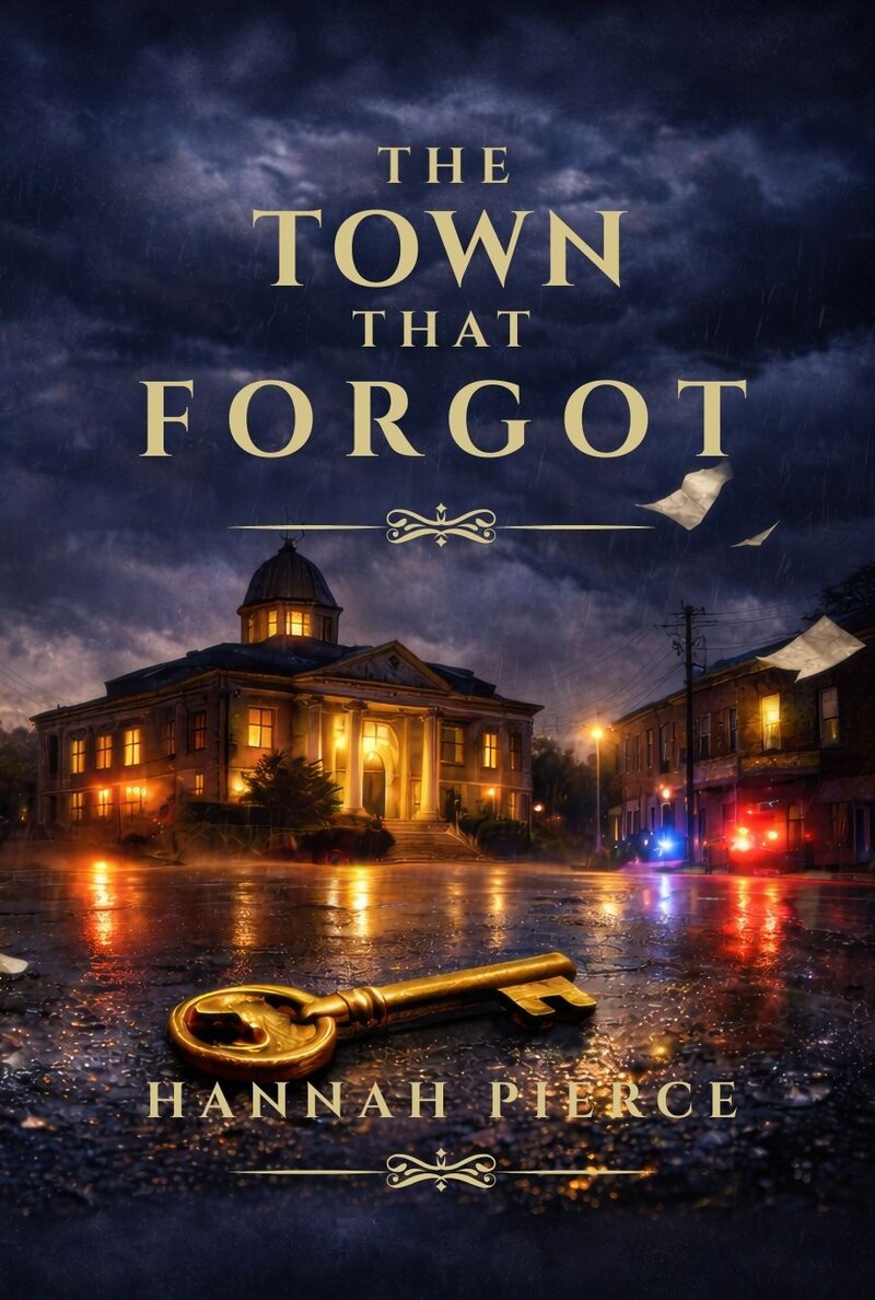 The Town That Forgot book cover — a dark atmospheric small-town scene with warm amber street lamps, a brass key and old map on wet cobblestones